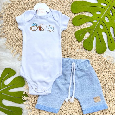 Conj body Safari Baby Branco e Short Azul